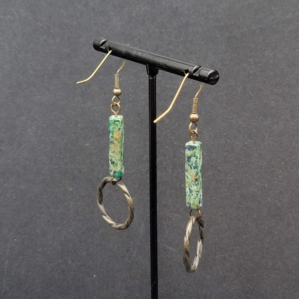 Pierced Earrings Bronze tone Green Stone Dangle 2"