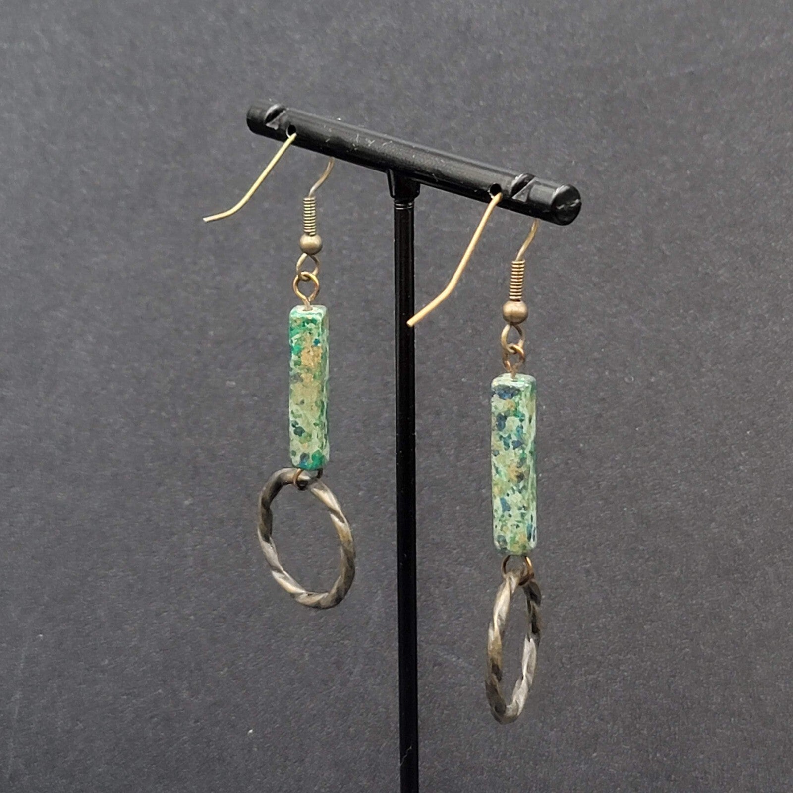 Pierced Earrings Bronze tone Green Stone Dangle 2"