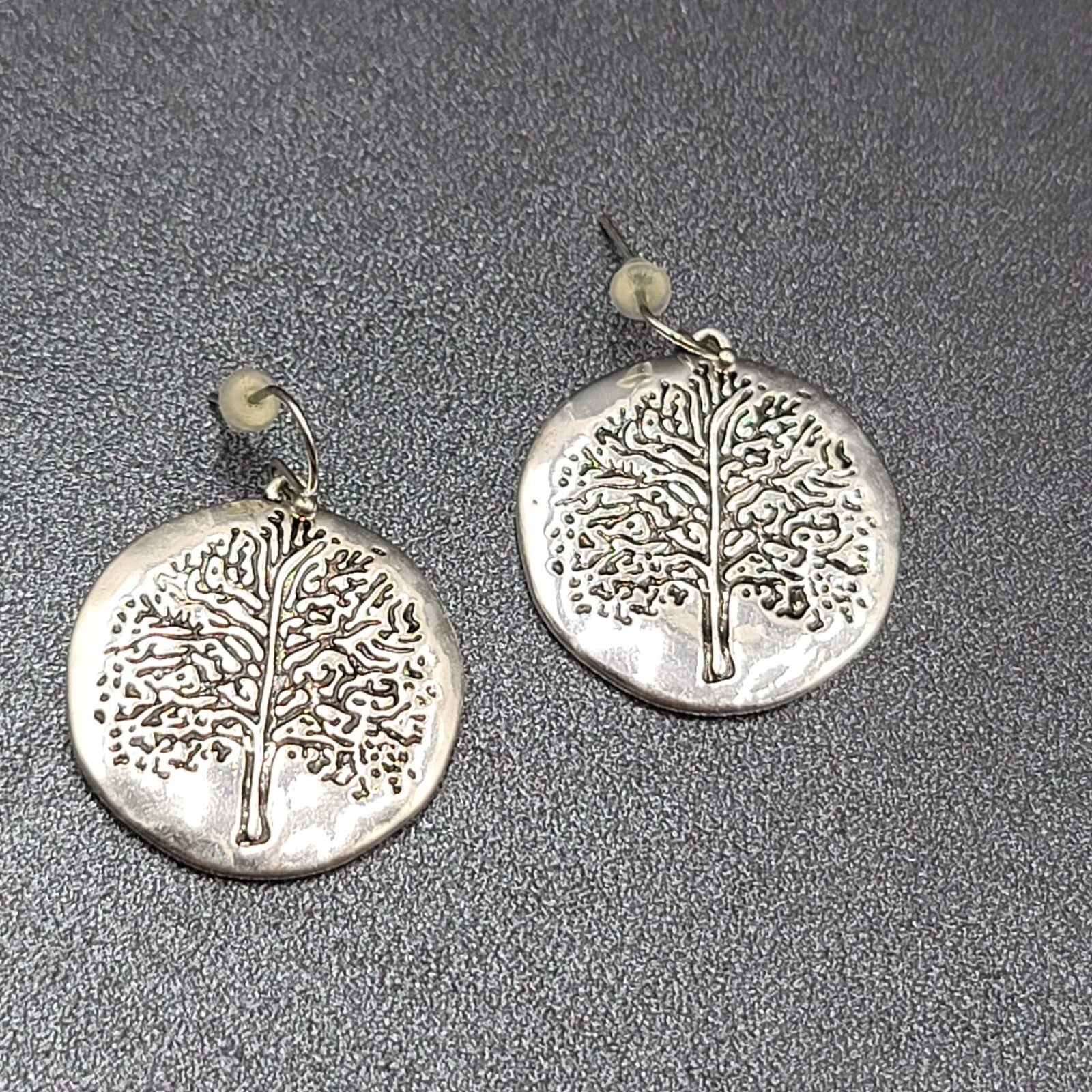 Pierced Earrings Silver tone Embossed Tree Round Dangle 1 1/8"