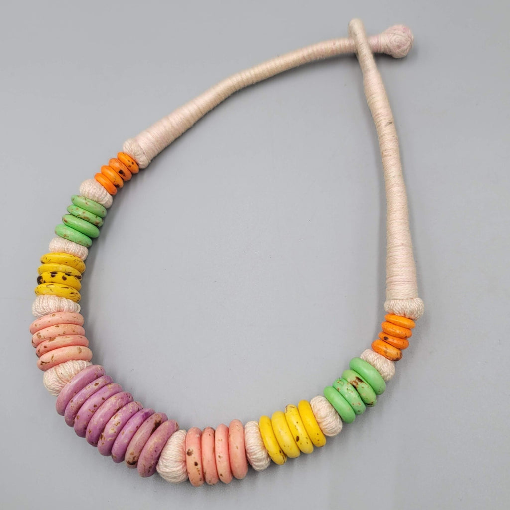 Ashanti Krobo Handmade Beads Necklace African Pastel Colors Thread Wrap 17"