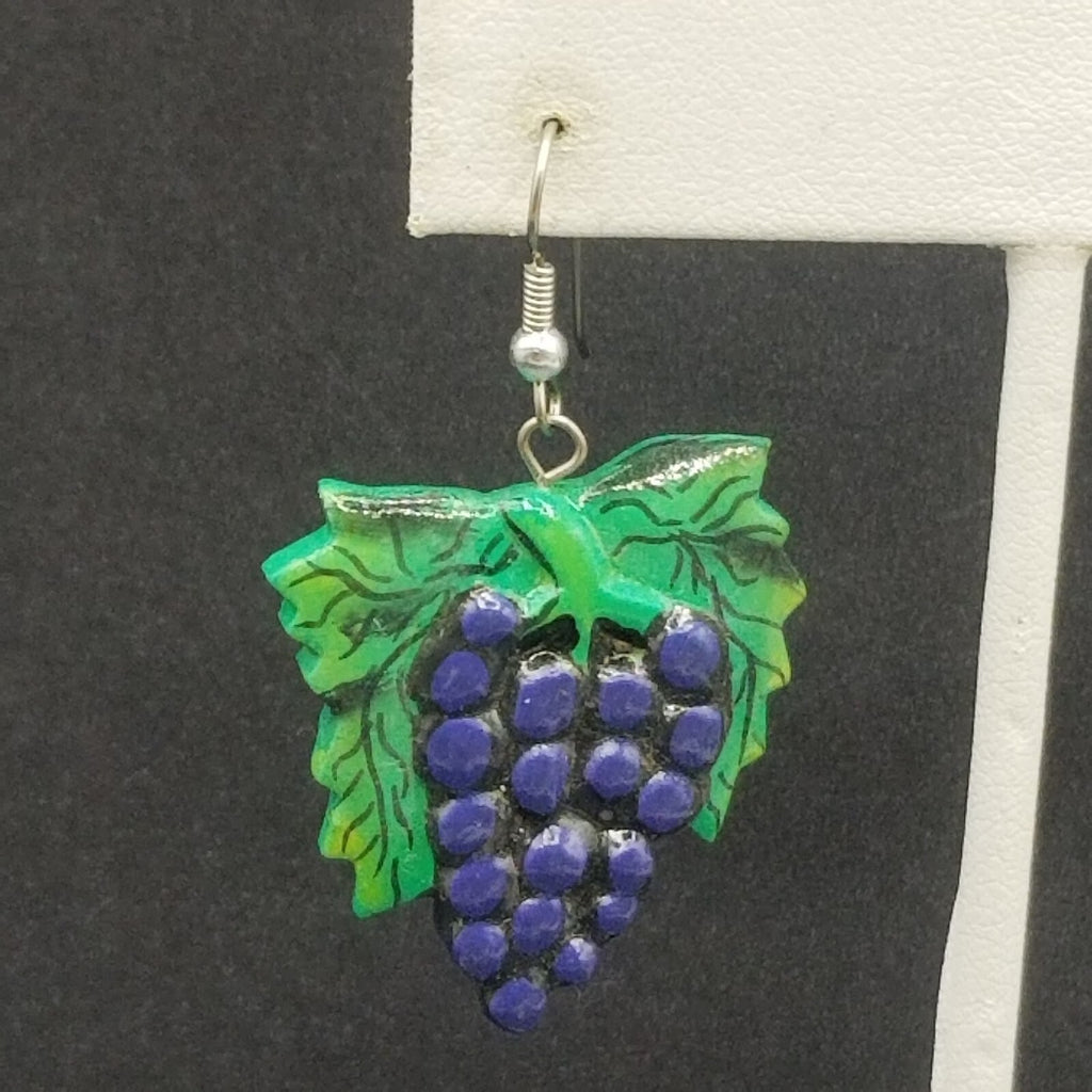 Vintage Pierced Earrings Green and Purple Hand painted Grape Dangle 1 3/8"