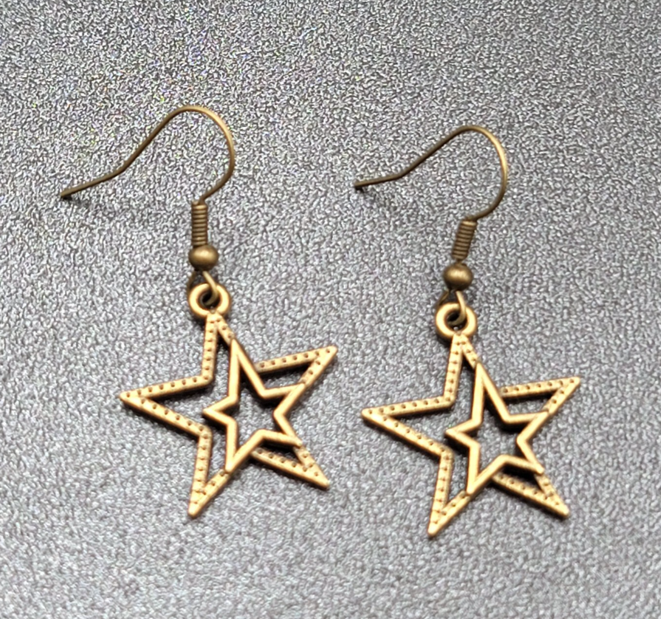 Pierced Earrings Bronze tone Double Open Star Dangle 7/8"