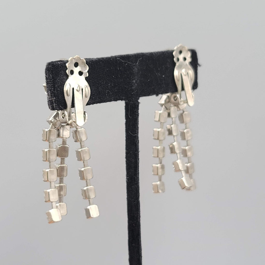 Vintage Long Rhinestone Clip on Earrings Silver tone 2"