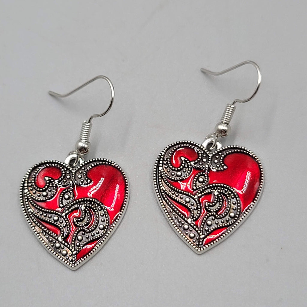 Satin Enamel Heart Pierced Earrings Black Swirl Accent Silver tone Dangle 1"