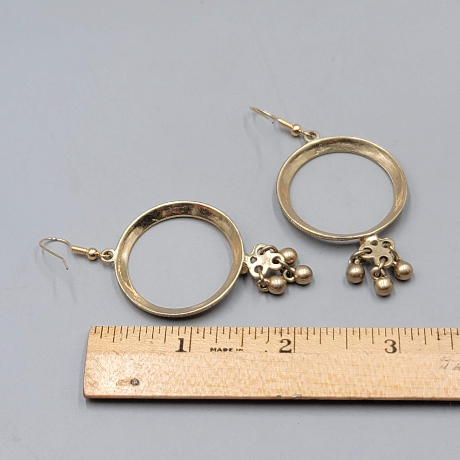 Vintage Open Circle Pierced Earrings Gold tone Dangle Charms 2 in