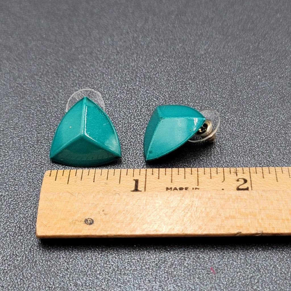 Vintage Pierced Earrings Teal Enamel over Metal Triangle Studs 3/4"