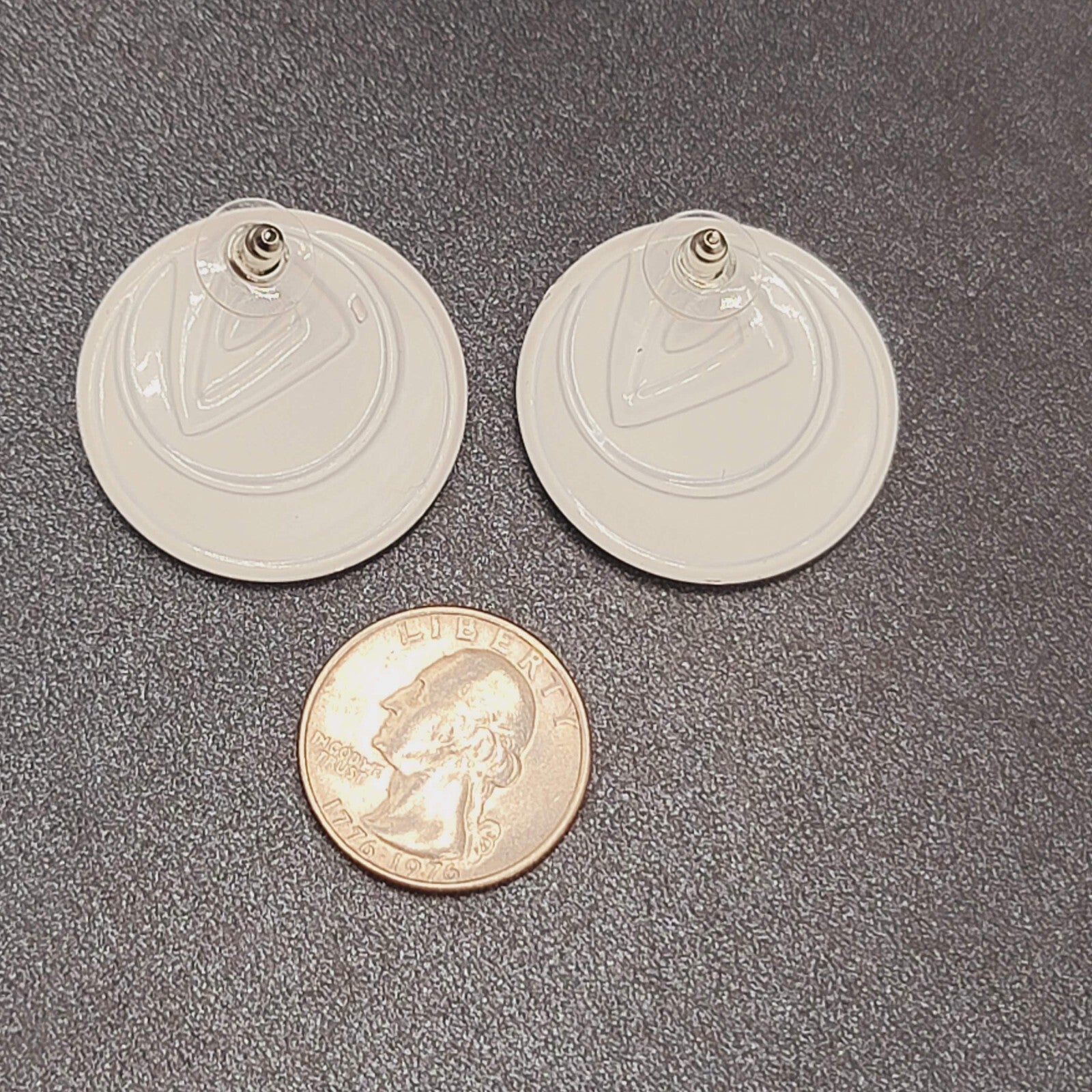Vintage Pierced Earrings Peach White Enamel over Metal Round Drop 1.25"