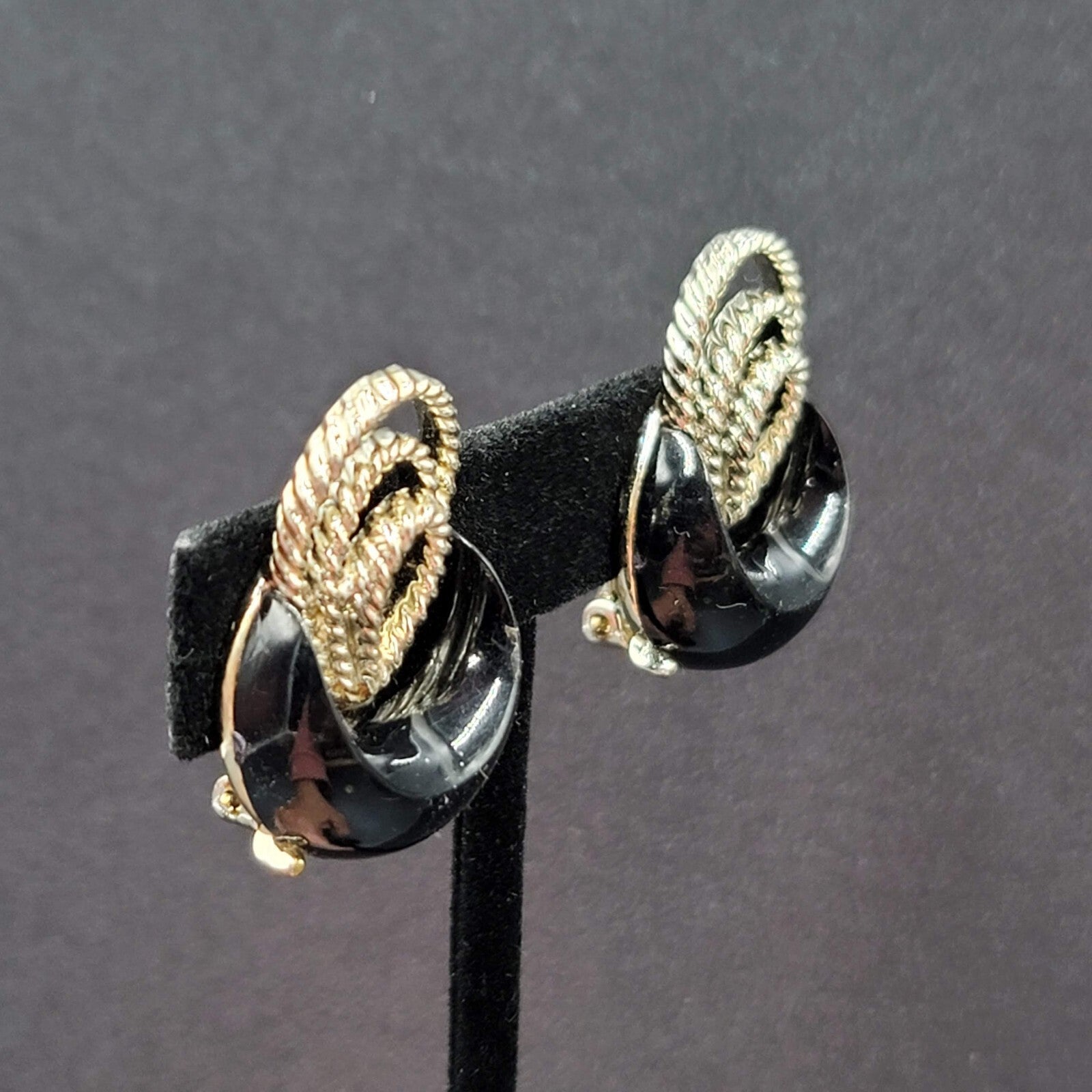 Clip on Earrings Silver tone Black Acrylic Climber MCM 1.25"