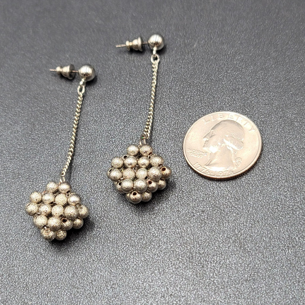 Vintage Pierced Earrings Silver tone Bead Cluster Dangle Unique 2.5"