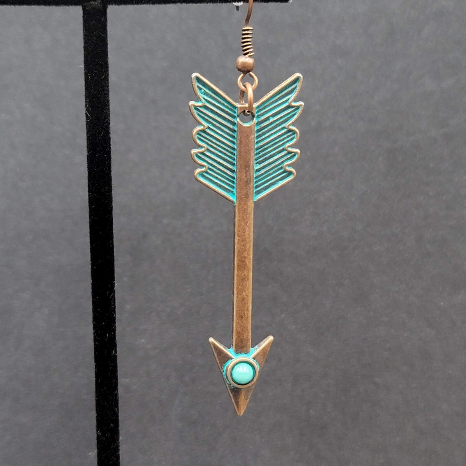New Boho Pierced Earrings Copper tone Green Enamel Arrow Dangle 2.25"