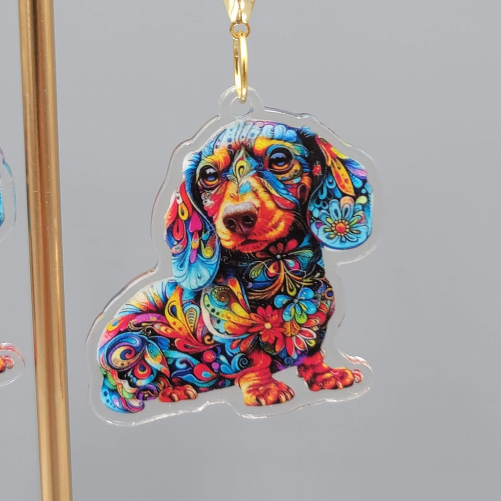 Colorful Dachshund Dog Pierced Earrings Acrylic Dangle Gold tone 1.75"