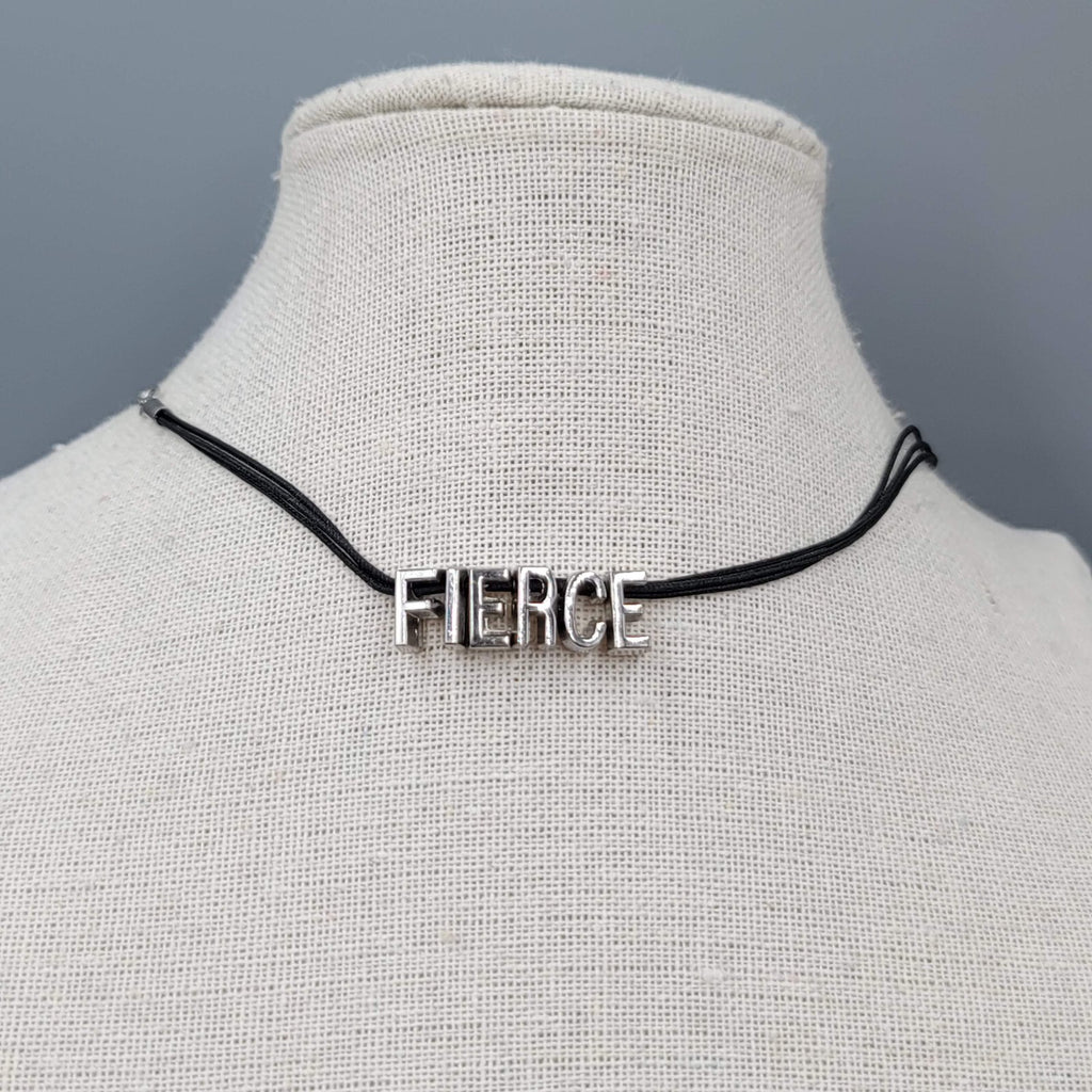 BCBGeneration FIERCE Necklace Black Cord Silver tone Signed 16"-18"