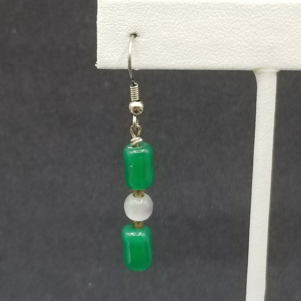 Pierced Earrings Silver tone Green Stone White Cats Eye Beaded Dangle 1"