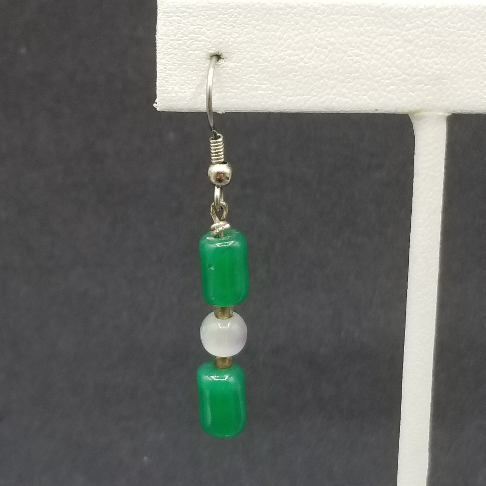 Pierced Earrings Silver tone Green Stone White Cats Eye Beaded Dangle 1"