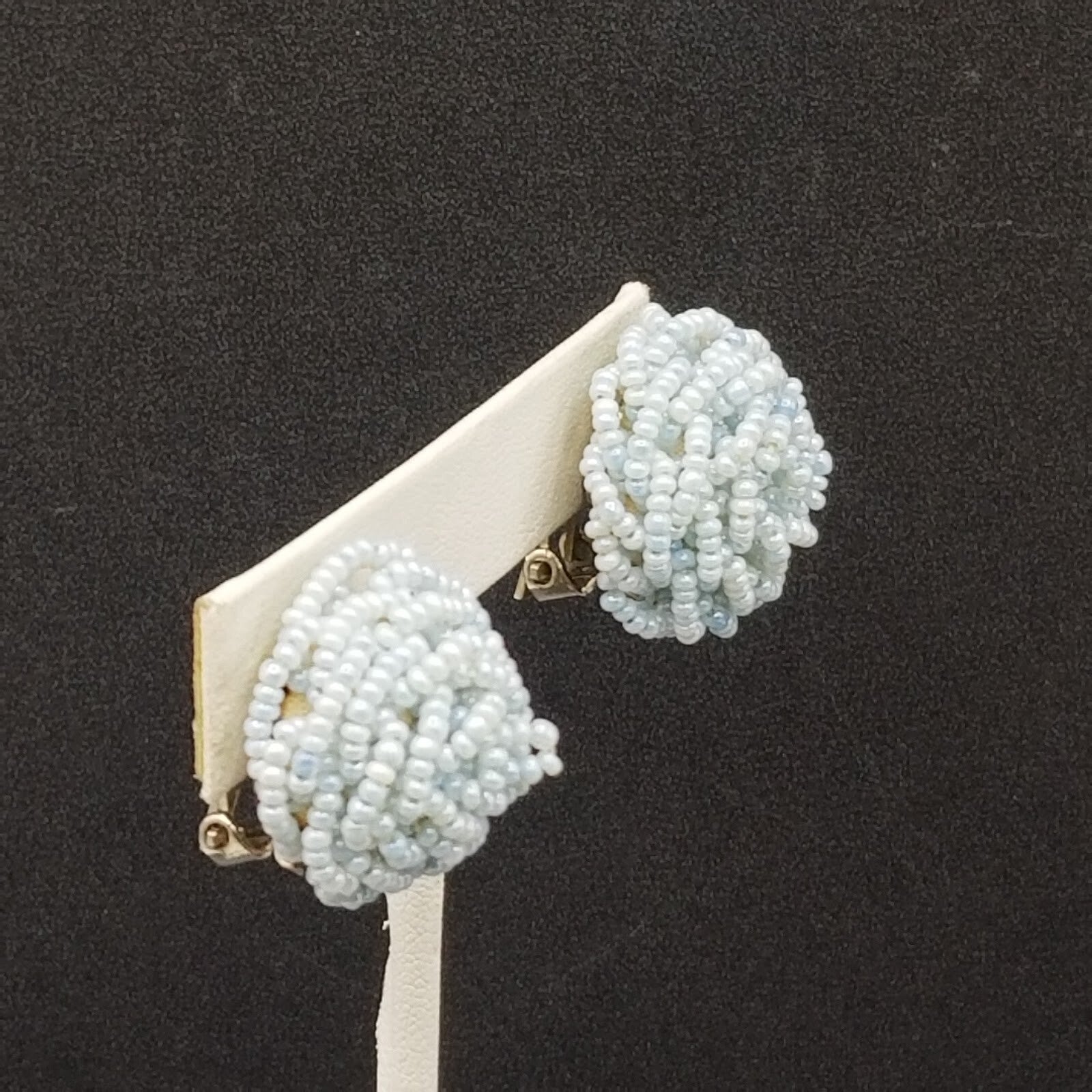 Vintage Clip On Light Blue Seed Bead Knot Button Stud 7/8"