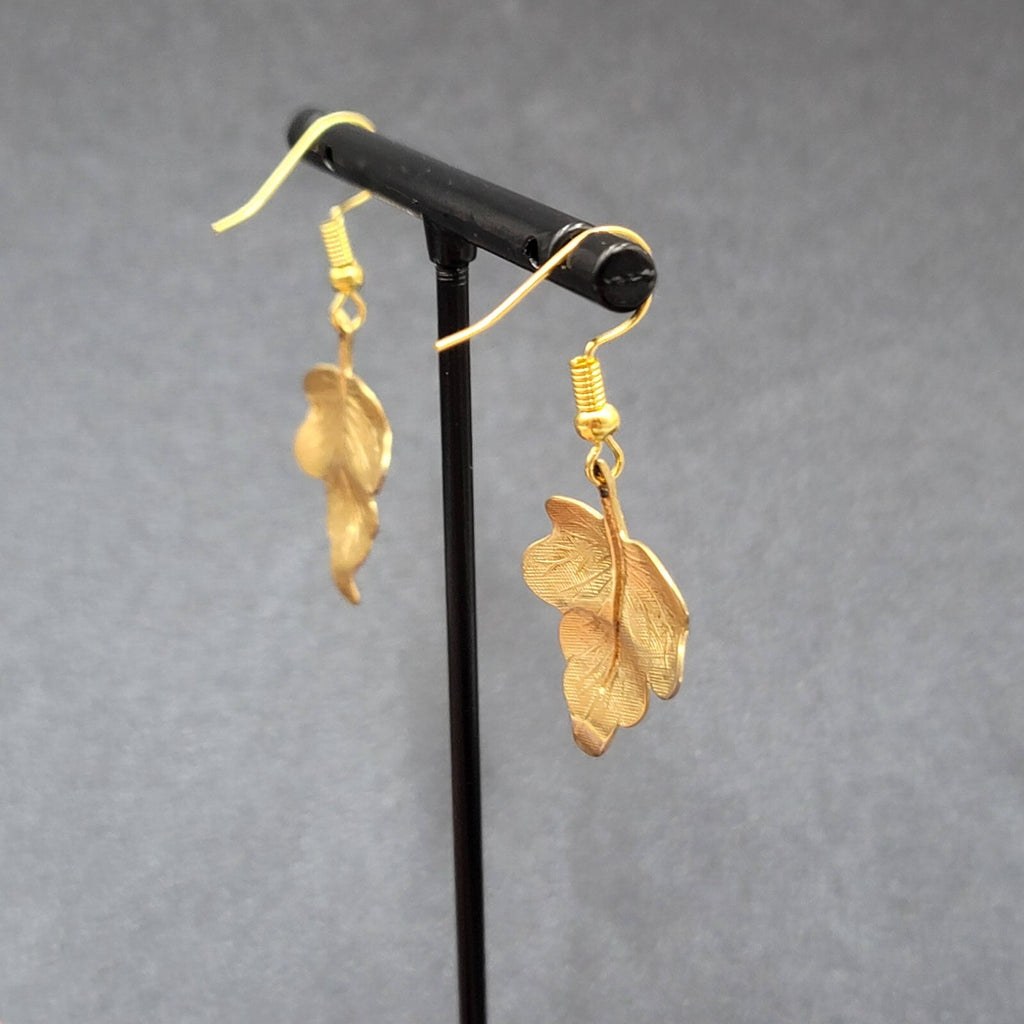 Pierced Earrings Brushed Gold Plated Dangle Detailed Leaves 1 1/8"