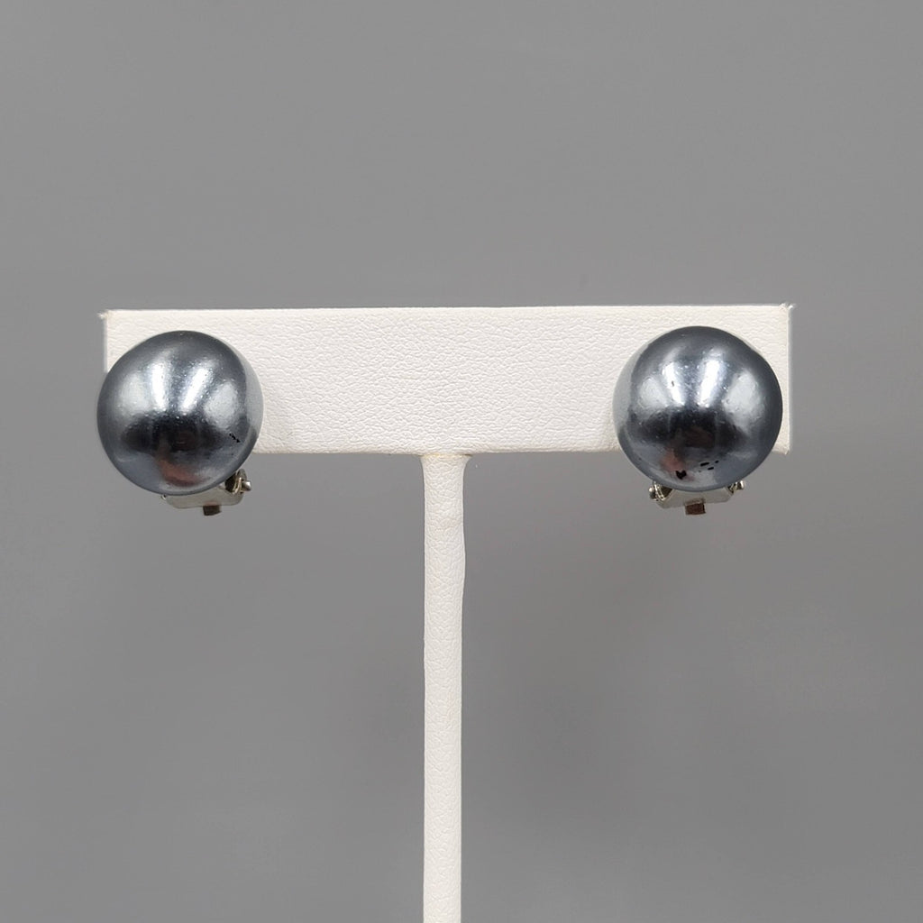 Vintage Clip on Earrings Satin Black Metallic Dome Stud 5/8"
