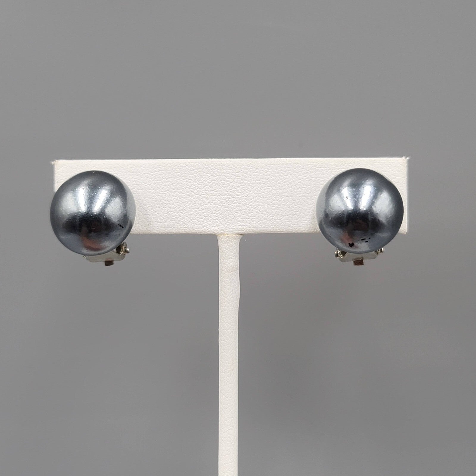 Vintage Clip on Earrings Satin Black Metallic Dome Stud 5/8"