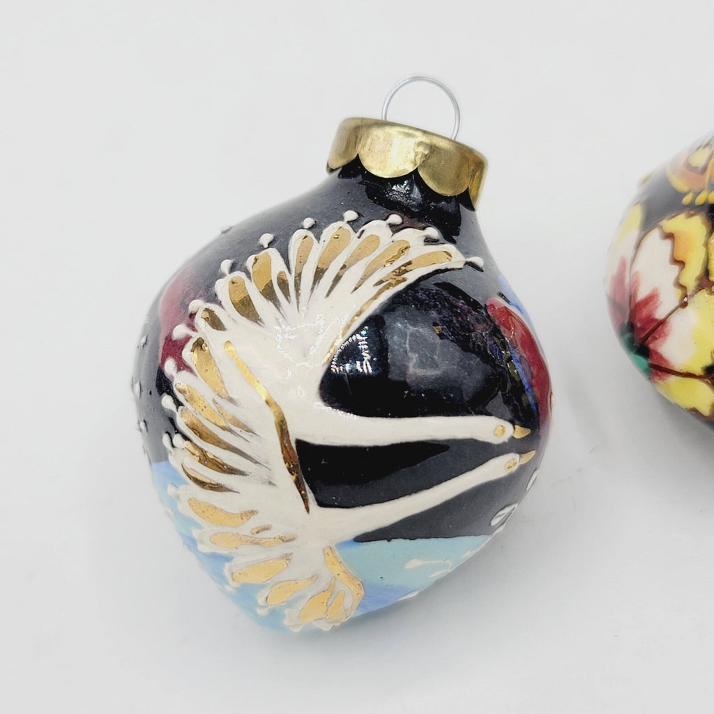 Hand Painted Christmas Ornament Uzbekistan Ceramic Butterflies Birds Lot of 2