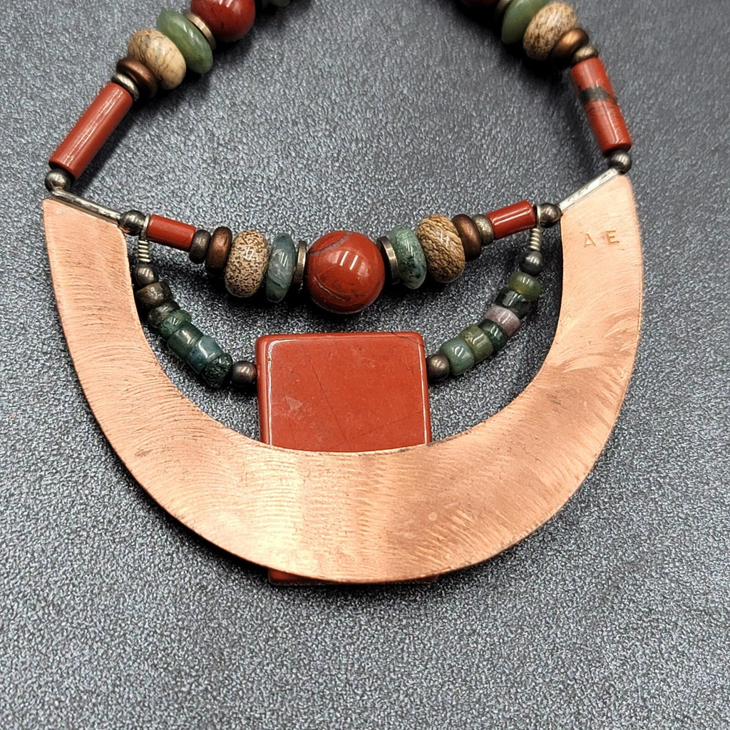 Artisan Necklace Handmade Gemstone Beaded Copper Pendant 20.5" Signed AE