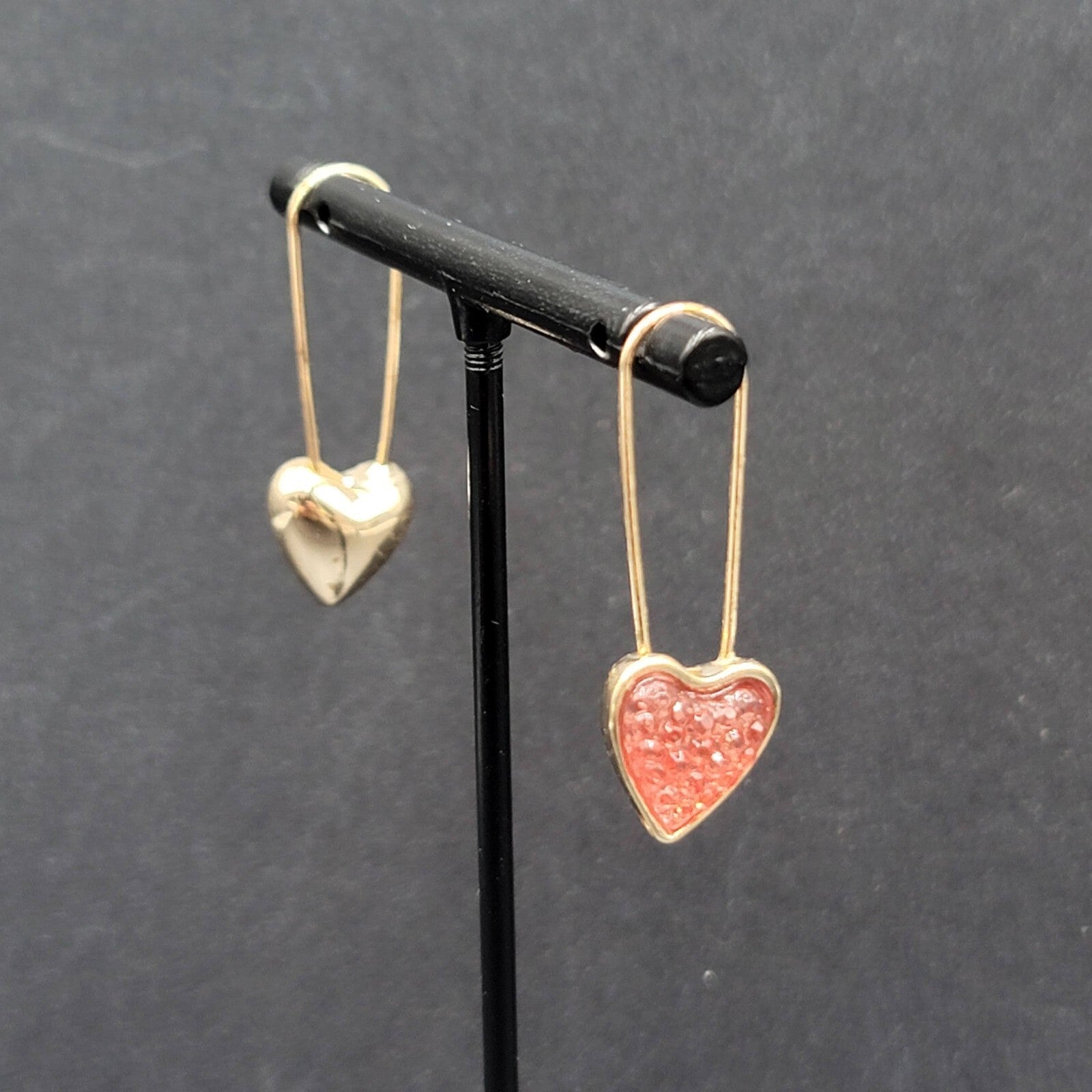 Pierced Earrings Gold Plated Pink Heart Dangle Loops 1 3/8"