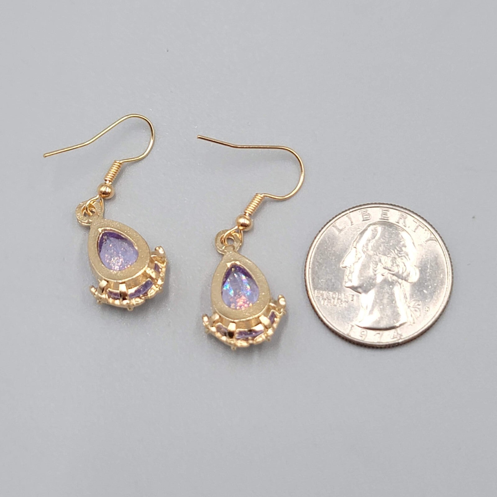 New Pierced Earrings Gold tone Glitter Purple Glass Teardrop Dangle 3/4"