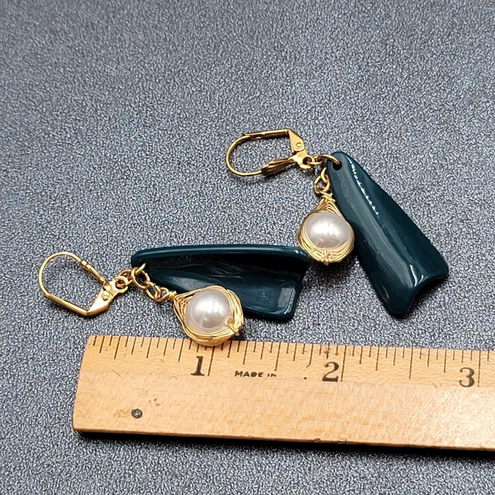 Pierced Earrings Gold Wire Faux Pearl Bead Teal Blue Dangle 1.75"