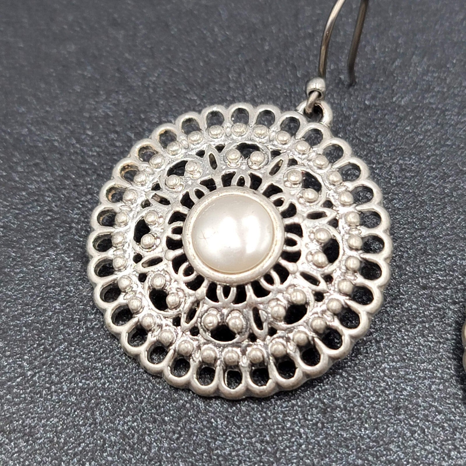 Pierced Earrings Silver tone Faux Pearl Open Work Medallion Dangle 1"