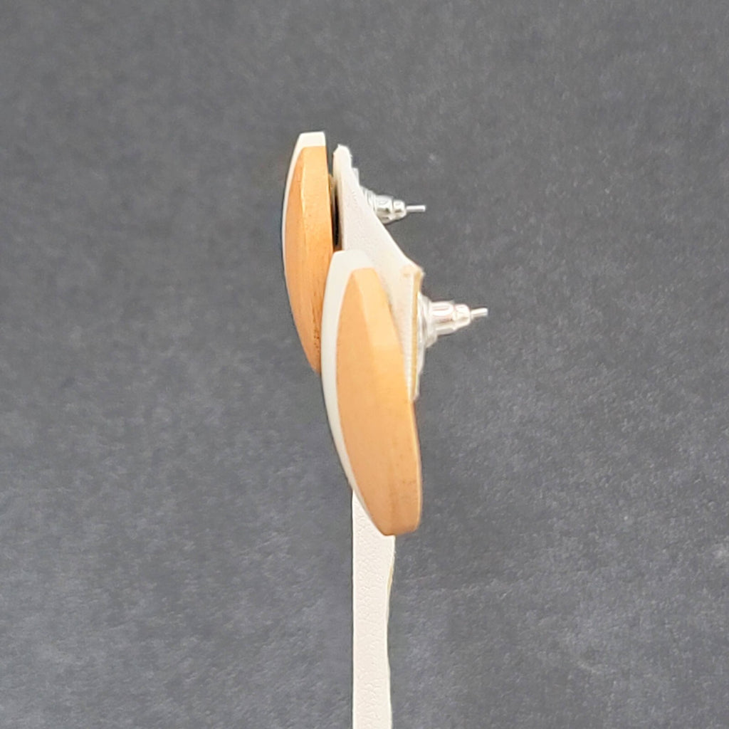 Pierced Earrings Wood White Resin Stripe Round 1 1/8"