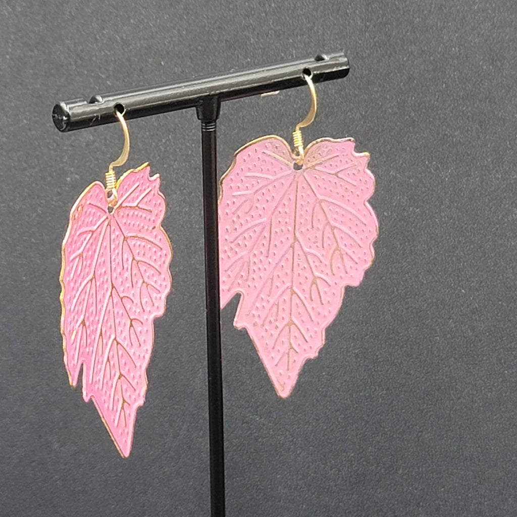 Pierced Earrings Gold tone Pink Enamel Large Statement Dangle Leaves Lightweight