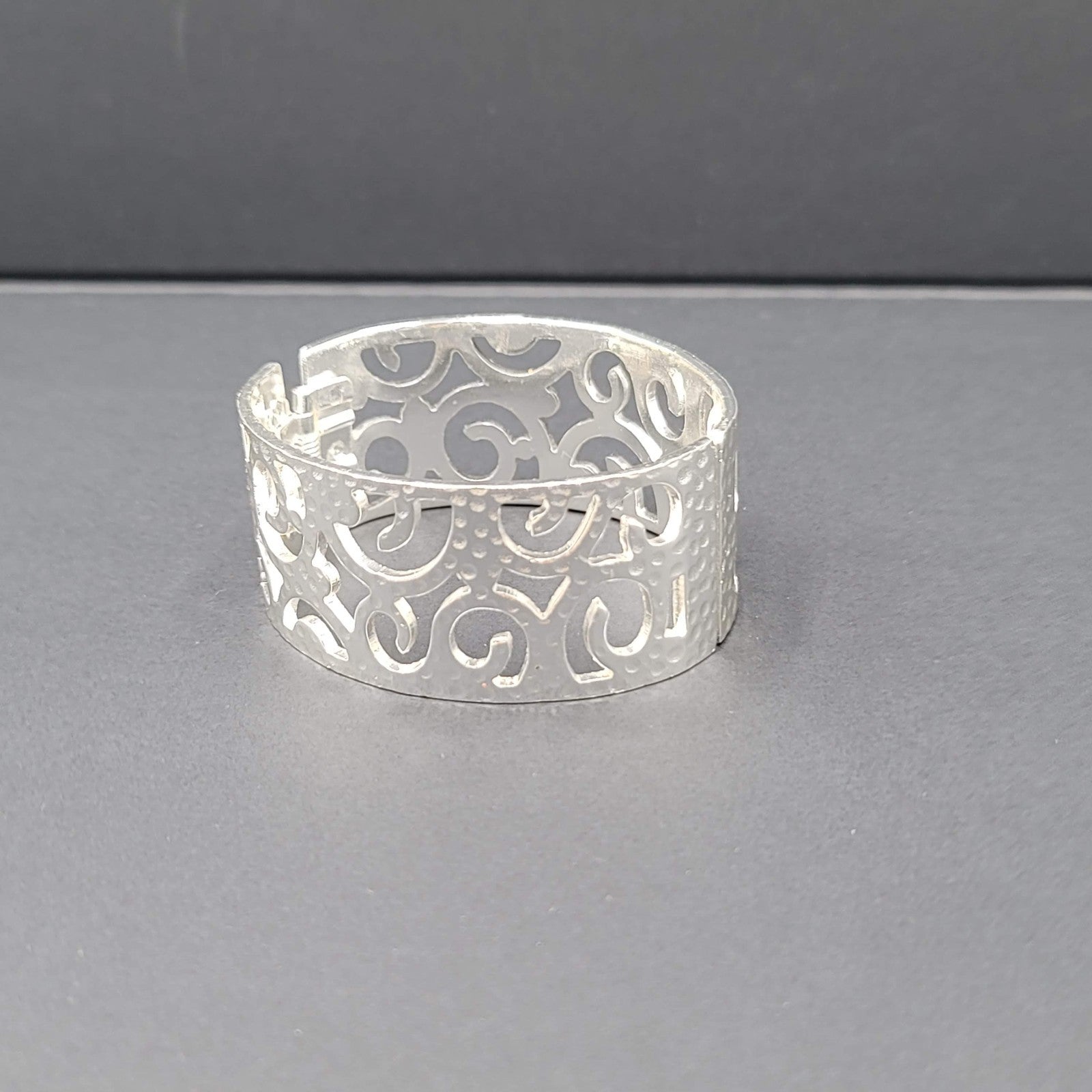 Open Work Hammered Hinged Bracelet Matte Silver Plated 6.75"