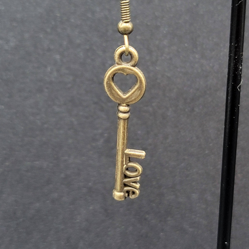 NEW Skeleton Key Pierced Earrings Bronze tone LOVE Dangle 1.25"