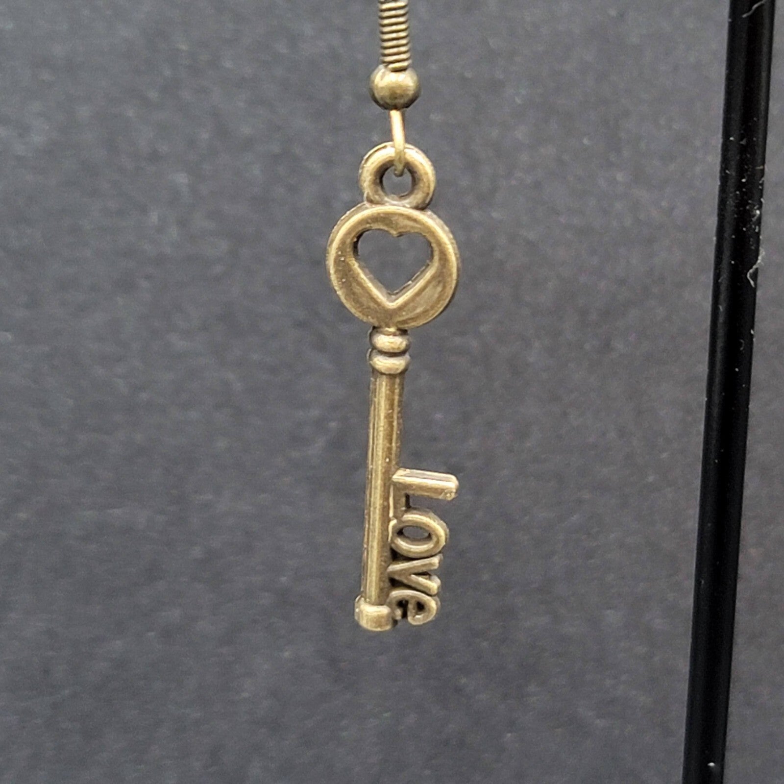NEW Skeleton Key Pierced Earrings Bronze tone LOVE Dangle 1.25"