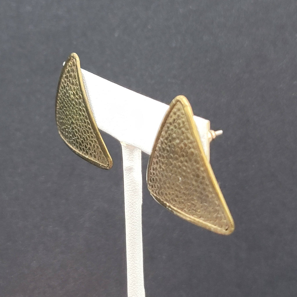 Vintage Pierced Earrings Solid Brass Textured Triangle Drop 1 1/8"