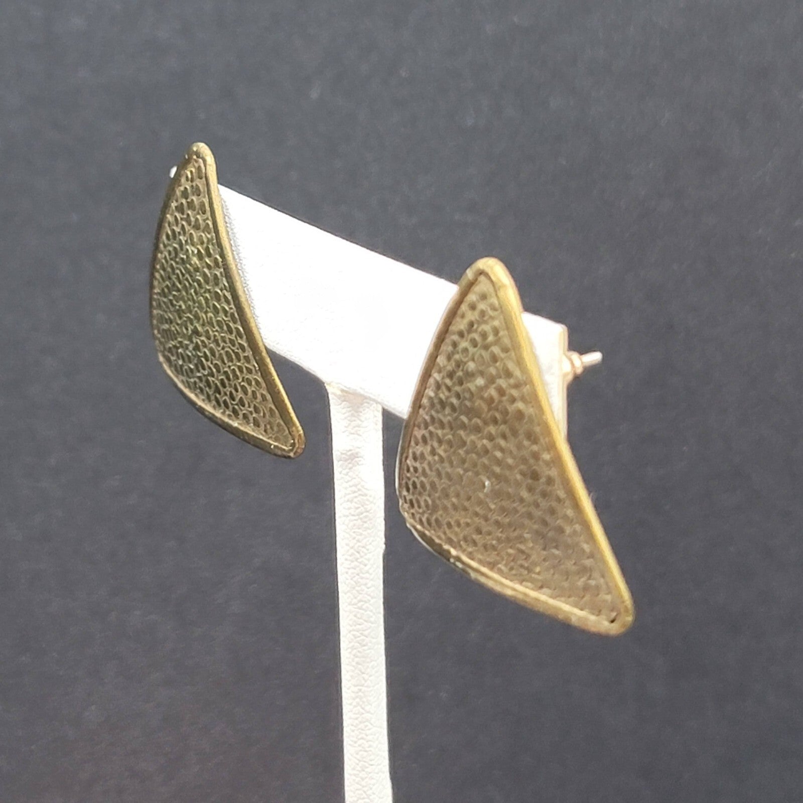 Vintage Pierced Earrings Solid Brass Textured Triangle Drop 1 1/8"