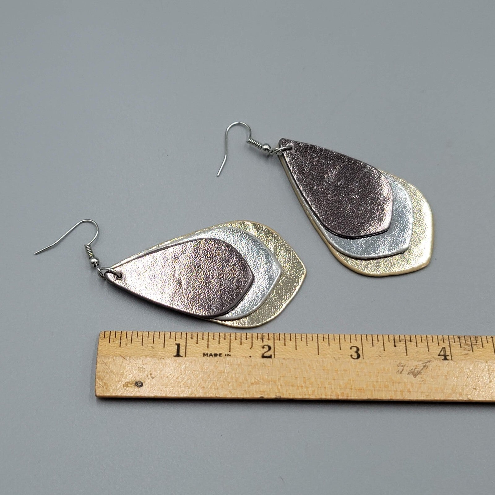 Pierced Earrings Triple Layer Faux Leather Metallic Dangle 2.5"