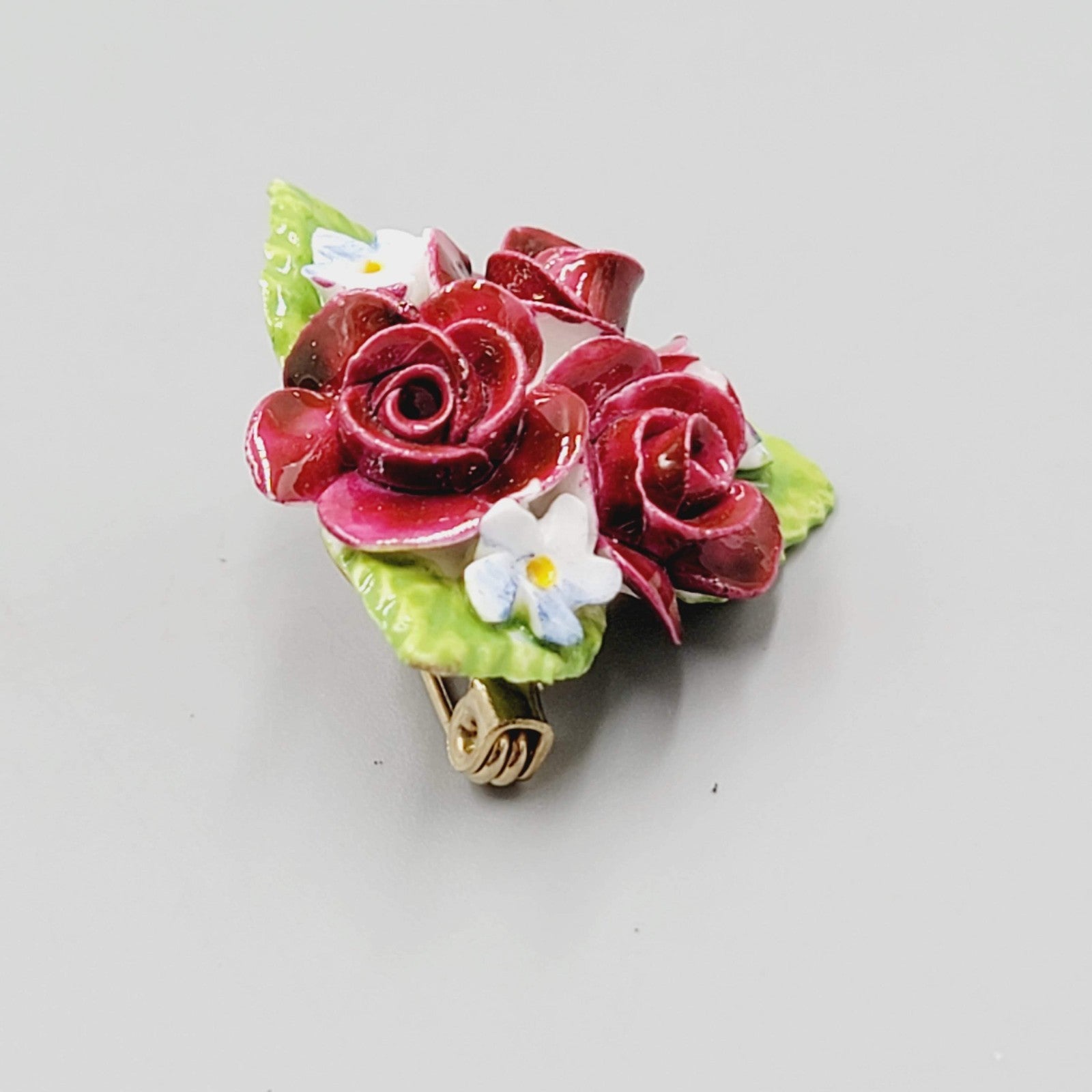 Vintage Coalport Red Roses Brooch England Bone China Flower Pin 1.25"
