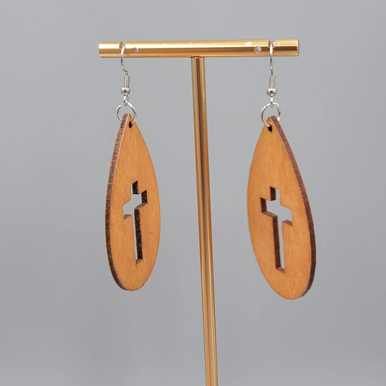 Wood Cut Large Boho Pierced Earrings Silver tone Dangle 2.25 in