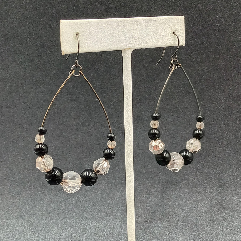 Pierced Earrings Gun Metal Gray Teardrop Wire Loop Acrylic Beaded Dangle 2"
