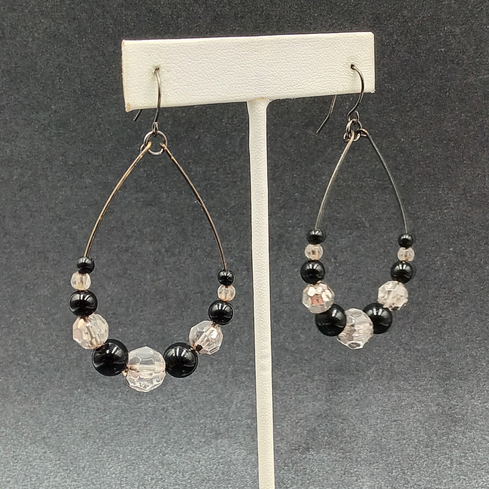 Pierced Earrings Gun Metal Gray Teardrop Wire Loop Acrylic Beaded Dangle 2"