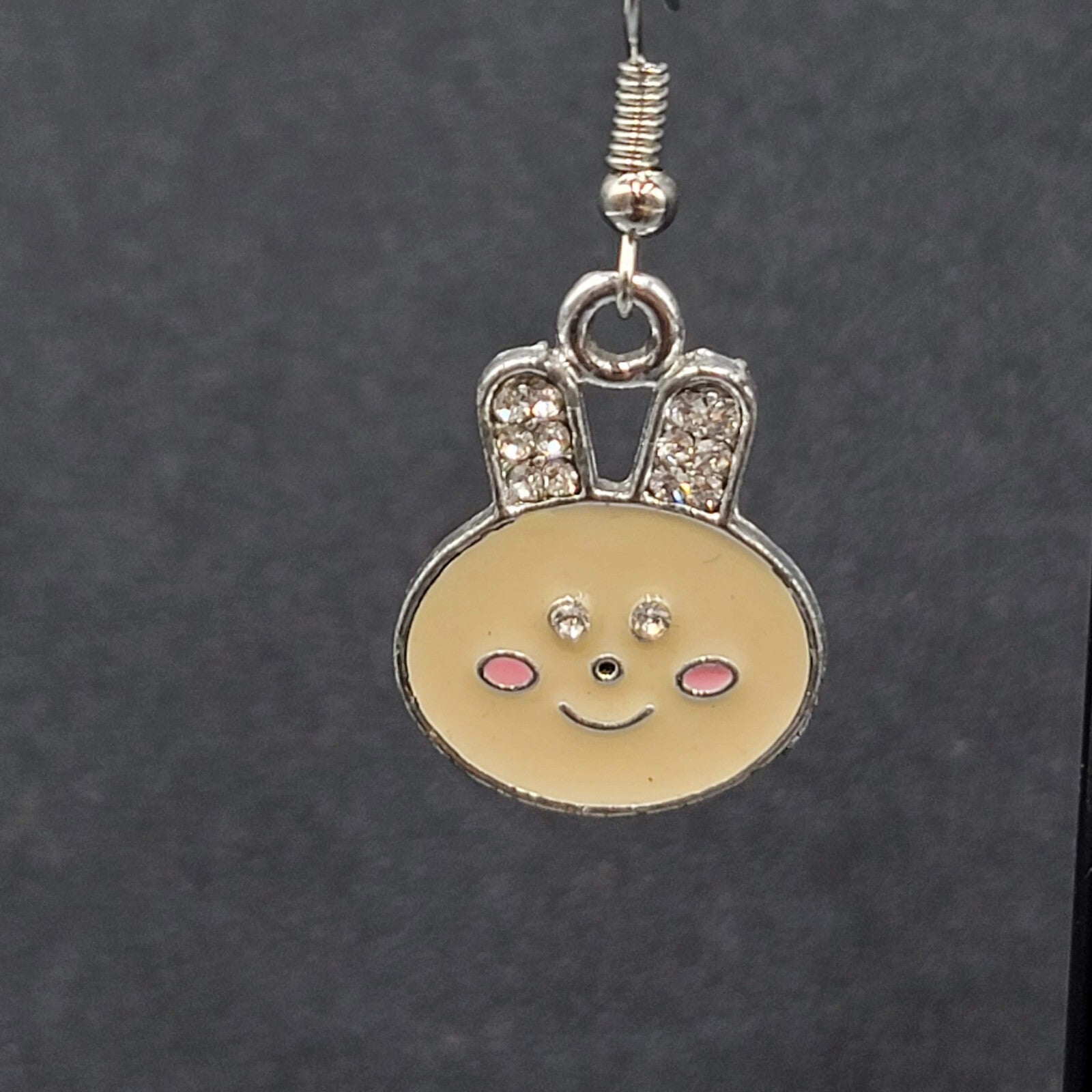 Bunny Pierced Earrings Dangle Silver tone Enamel Rhinestone 1"