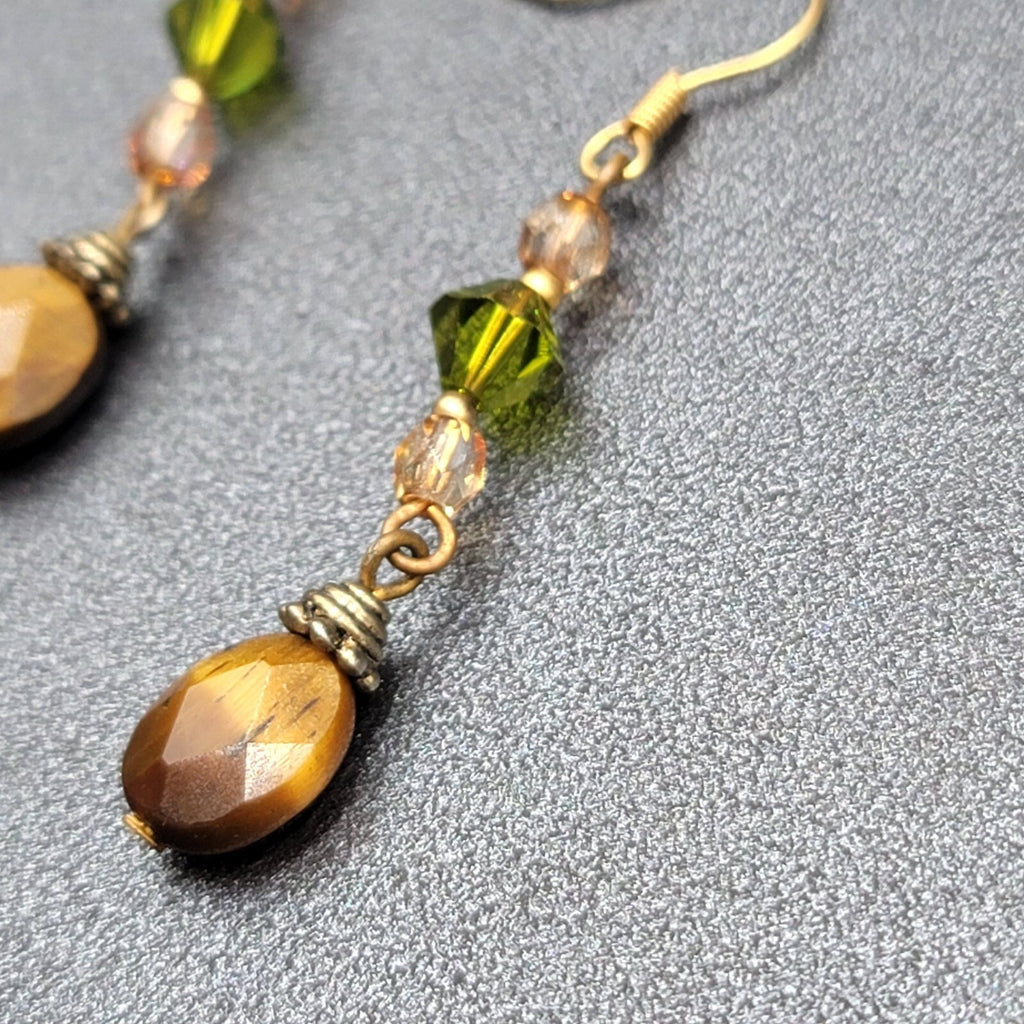Pierced Earrings Tigers Eye Pink Green Crystal Bead 1.5"