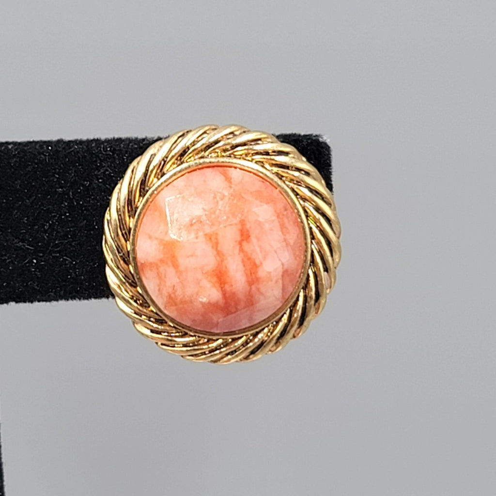 Vintage Orange White Faceted Gold tone Clip on Earrings Round 3/4"