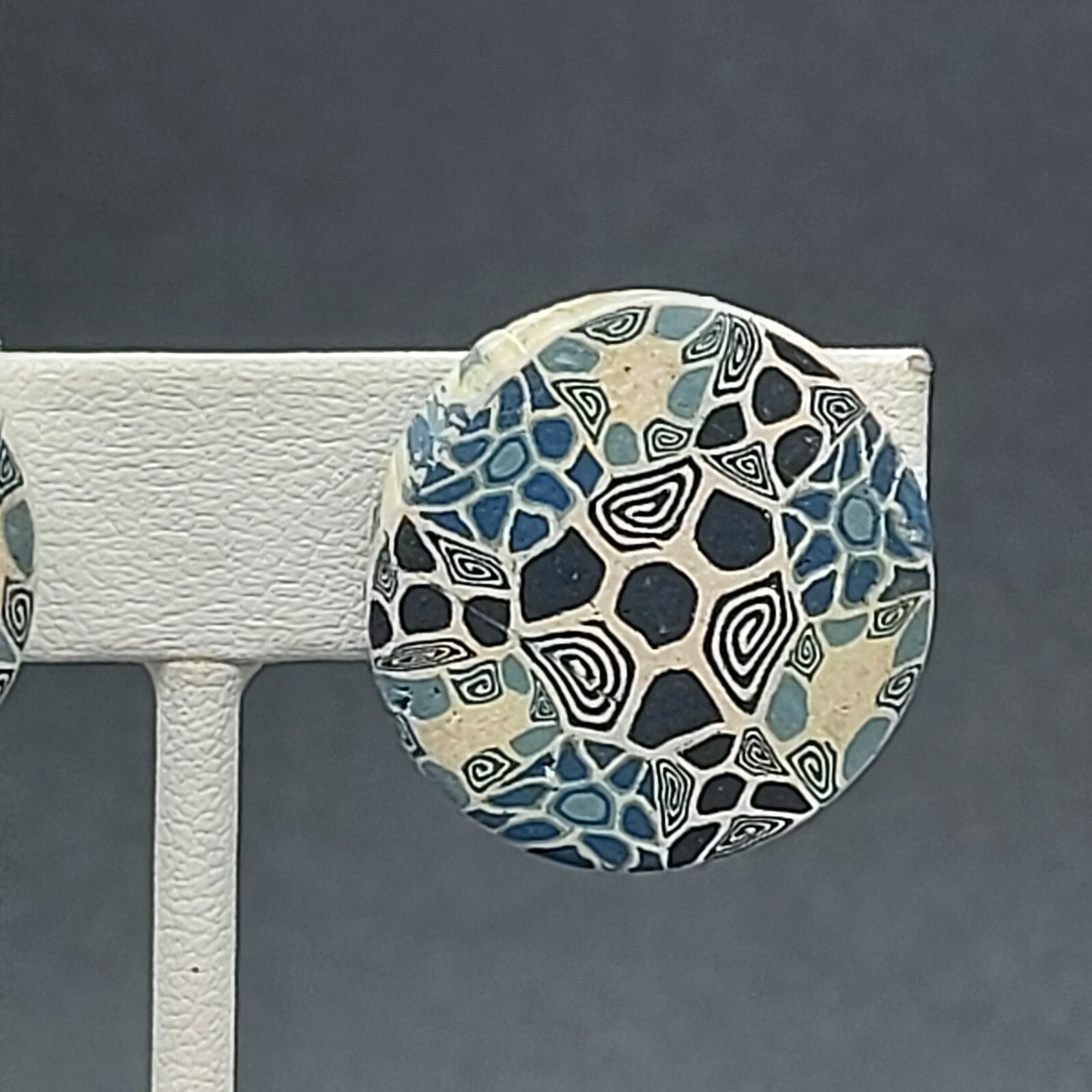 Vintage Clip on Earrings Blue Polymer Clay Disc Button Style 1"