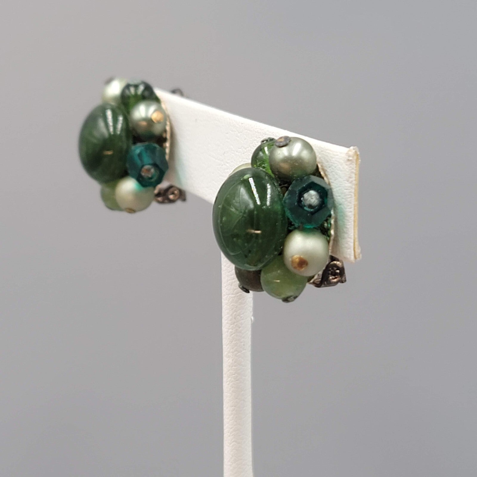Vintage Green Glass Cluster Bead Clip on Earrings Japan 3/4"