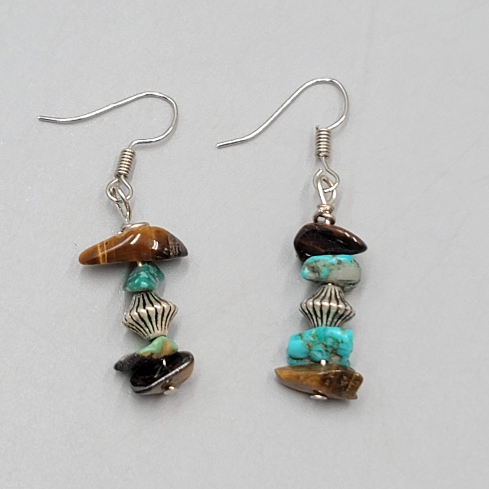 Turquoise and Tigers Eye Chip Beads Pierced Earrings Silver tone Dangle 1 1/8"