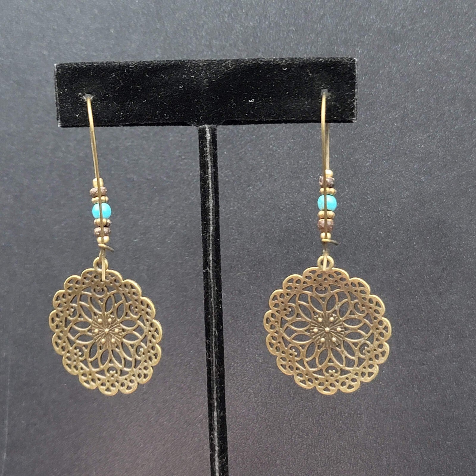 New Boho Pierced Earrings Antiqued Gold tone Blue Beas Enamel Mandala 2.75"