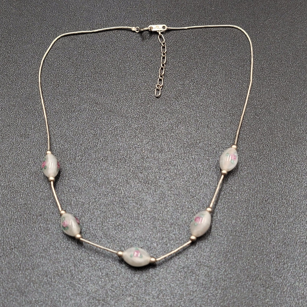 Art Glass Lampwork Rose Bead Necklace Sterling Silver 925 16”-17.5"