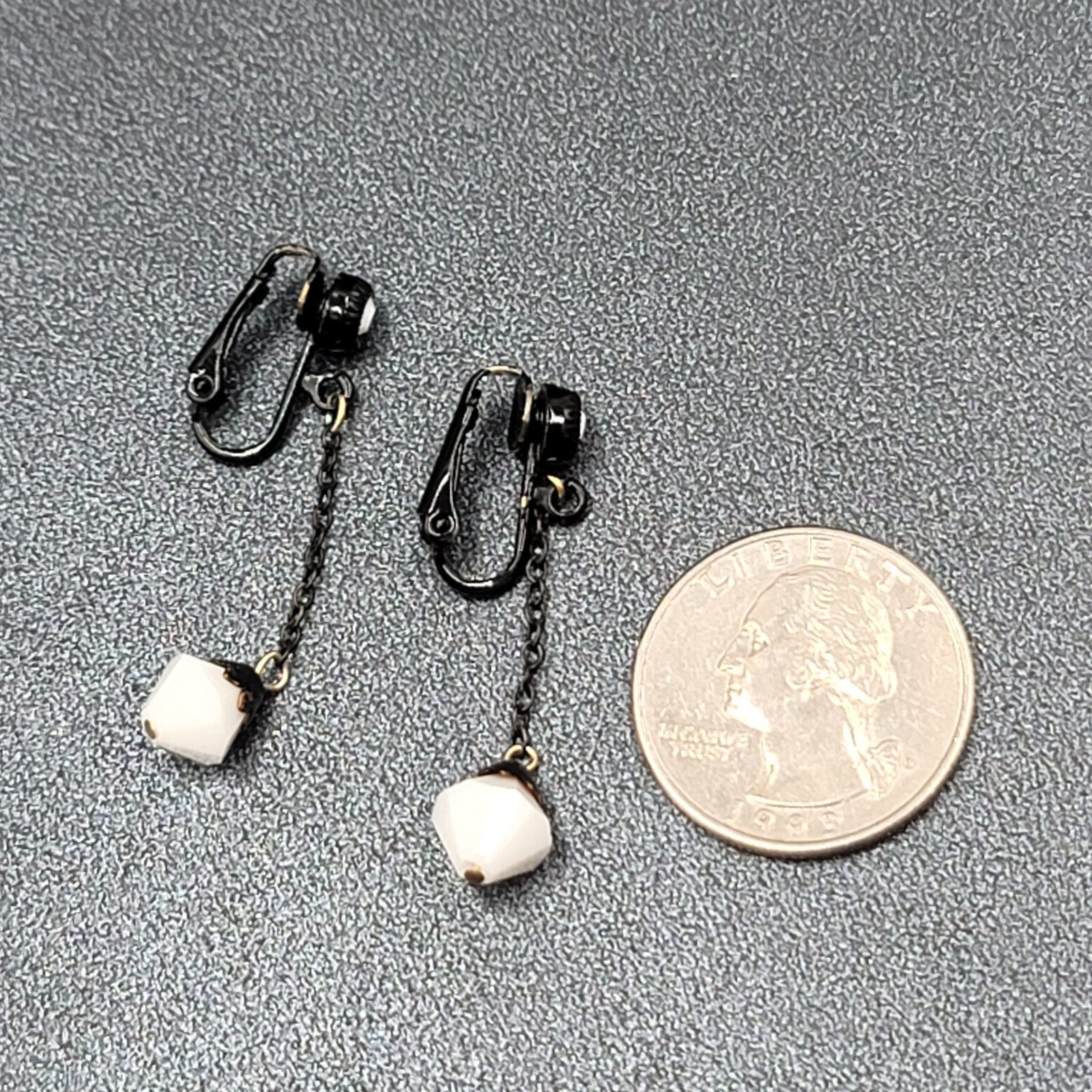 Vintage Clip on Earrings Black Enamel Metal Dangle Chain White Bead 1 5/8"