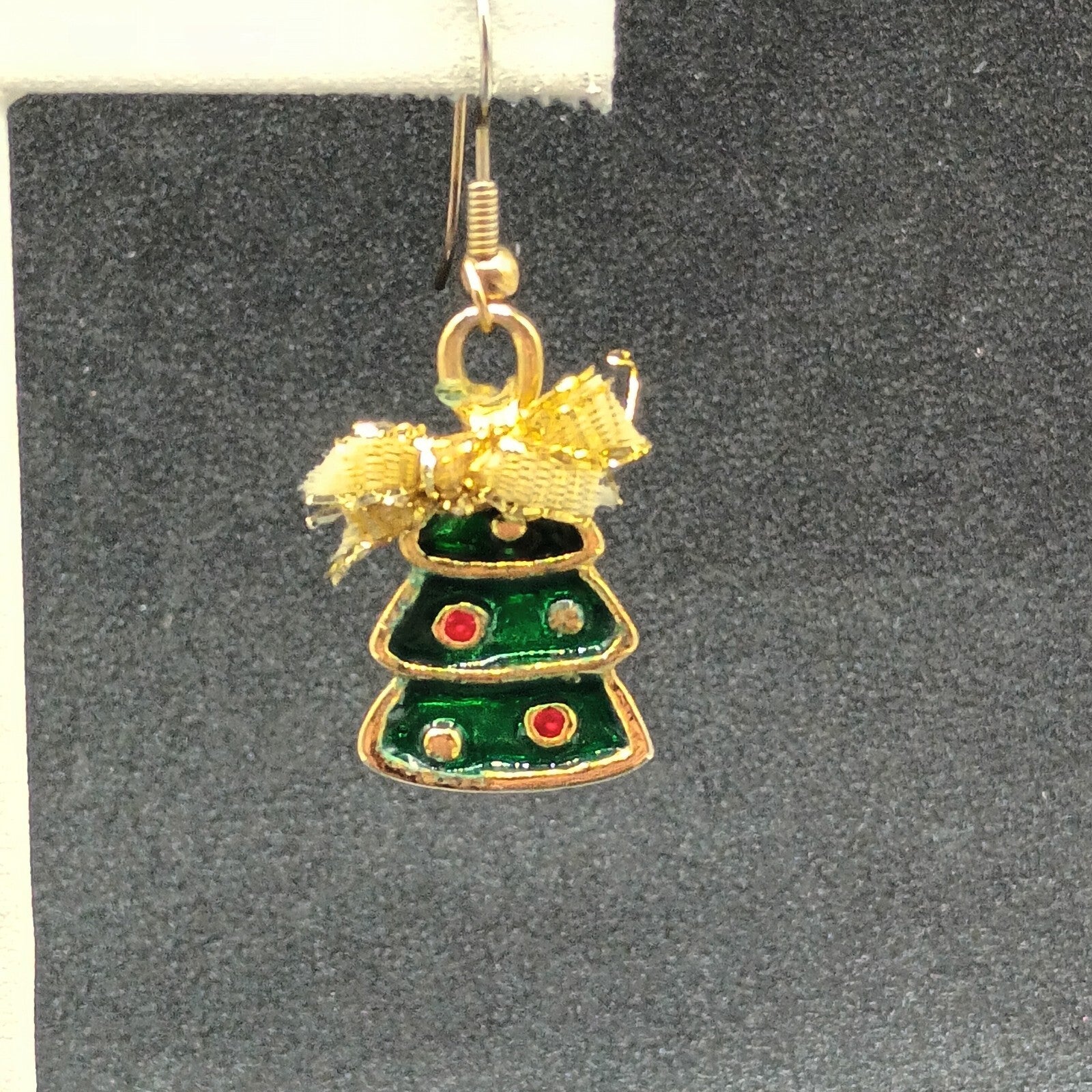 Pierced Earrings Gold tone Green Enamel Christmas Tree Bow Dangle 1"